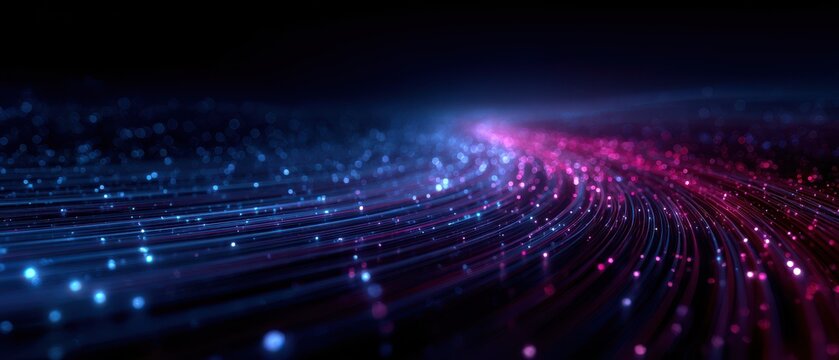 5G Network Segmentation : Layered data streams flowing through virtual network tunnels with glowing particles in dark cyberspace
