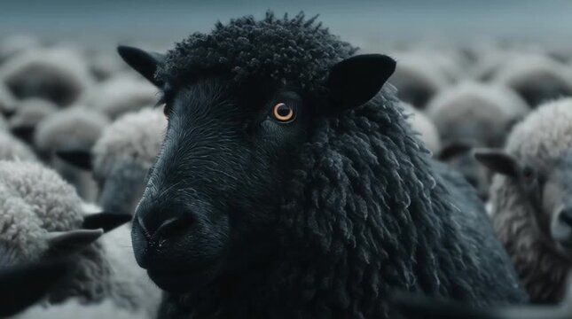 A sheep looking to the camera and stands out in the middle of an endless sheep crow generative ai