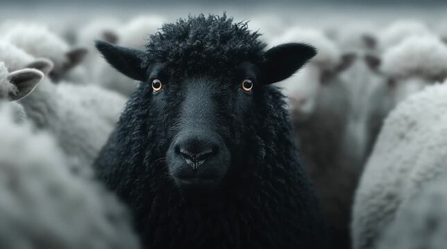 A sheep looking to the camera and stands out in the middle of an endless sheep crow generative ai