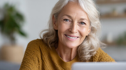 Cheerful senior woman enjoying a video call at home