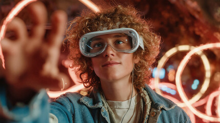 Software developer wearing vr headset interacting with metaverse in neon lit room