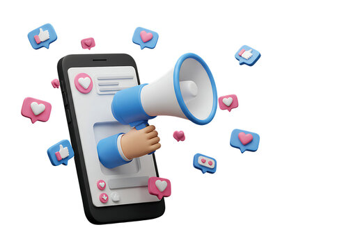 Cartoon smartphone hand with megaphone and social media notifications