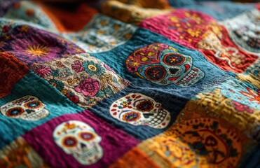 Fototapeta premium Colorful fabric showing sugar skulls and floral motifs celebrating day of the dead