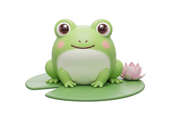 Fototapeta premium Cute green frog sitting on a lily pad with a pink lotus flower.