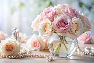 A delicate bouquet of pastel pink and cream roses in a glass vase is displayed on a wooden table with pearls and a perfume bottle, evoking pure elegance