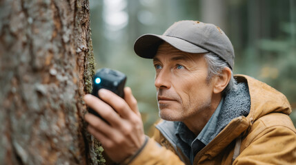 Engineer conducting tree health analysis with digital device in forest environment