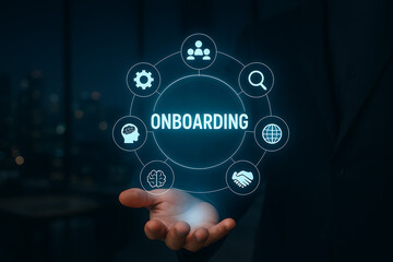 onboarding new employees or clients with a hand holding a digital circle showing icons for teamwork, search, global, handshake, knowledge, and settings