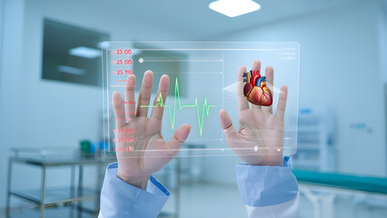 Doctor interacting with holographic heart in futuristic medical setting