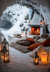 Cozy winter cave with fireplace