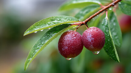 Obraz premium Close up of plum leaves with raindrops highlighting freshness after summer rain