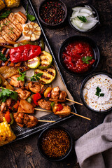 Assortment of grilled bbq meat and vegetables