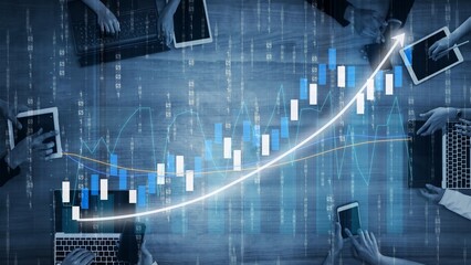 Innovative stock market analysis image featuring hands with devices around charts showing upward trends. Represents investment strategies and financial success in a modern workspace. Copula