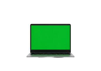 A modern laptop computer displays a vibrant green screen against a solid black backdrop.