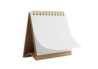 Pristine blank white desk calendar with brown stand & golden binding, page turning, isolated on white studio background, concept of proactive planning & future potential