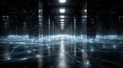 Digital Espionage Network : Spider web of data connections overlaying darkened government building interiors
