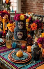 Fototapeta premium Dia de los muertos cake decorating festive table for celebration