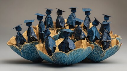 Educational Scholarship Initiative : Origami graduation caps arranged as blooming flowers with student silhouettes inside petals
