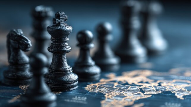 Geopolitical Risk Analysis : Chess pieces on world map with shadowy figures strategizing in dimly lit boardroom
