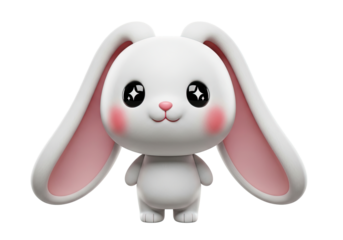 Cute white cartoon bunny with pink cheeks and big eyes, isolated on white.