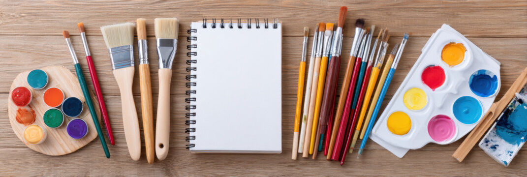 Flat lay of work desk filled with art supplies including paintbrushes, watercolor paints, and blank spiral notebook ready for creative ideas - Powered by Adobe