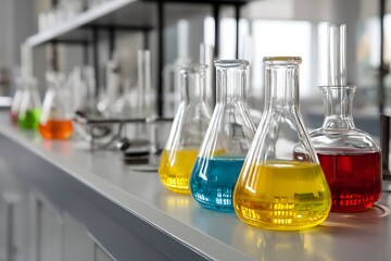 A Row of Erlenmeyer Flasks Containing Colorful Liquids in a Laboratory Setting
