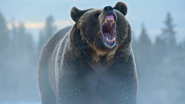 Grizzly Bear in an Aggressive Pose Displaying Teeth in a Cold Environment