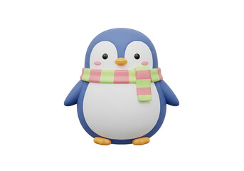Cartoon penguin with a scarf, isolated on white background, 3D render.