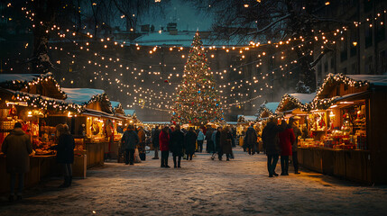 Obraz premium Christmas market with big tree and festive lights – created with AI
