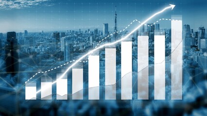 A modern cityscape with a data-driven bar chart visualizing growth trends. This image captures the essence of urban development and business success. Copula