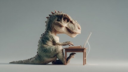 Obraz premium Realistic T-Rex dinosaur sitting at small desk using computer, funny digital illustration perfect for creative posters, humorous projects, or imaginative artworks