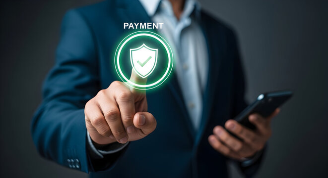 Secure online payment transaction, businessman confirms secure payment with a finger touch on a digital screen, ensuring safe and reliable financial transactions.