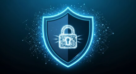 Secure your digital world with a glowing shield and lock icon against a dark tech background
