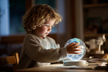  Kid exploring a smart AI-powered globe with interactive real-time data visualization.
