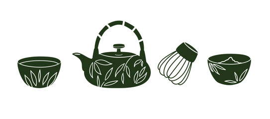 Matcha cooking kit teapot, matcha powder, whisk, cup. Green tea.