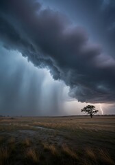 Stormy landscape with lone tree