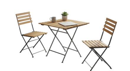Compact foldable modern furniture set: wooden slatted table, dark grey metal frame, two matching chairs on minimalist surface in blurred well-lit interior, soft natural light, smart solutions for