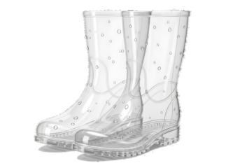 Transparent rain boots with water droplet design showcase a modern style.