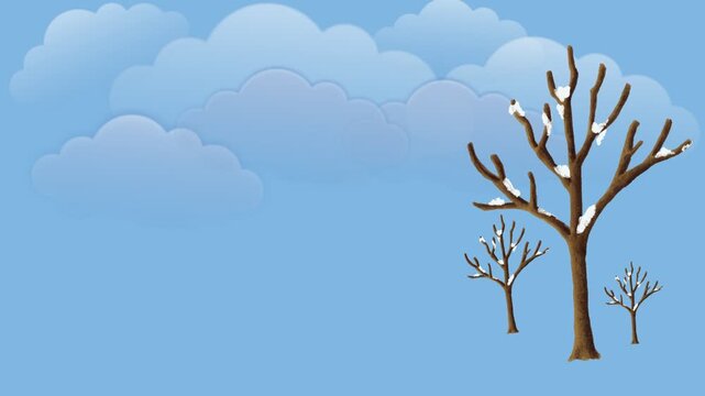 draw scenery of leafless branch ice tree with snow and cloudy sky on blue screen background
