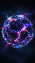 Obraz premium Neon sphere energy core glowing with vivid pink and blue plasma filaments against dark cosmic background, futuristic digital visualization of electricity and light, high-tech abstract energy concept