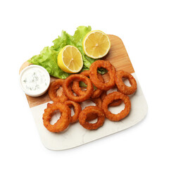 Fried squid rings, lemon, lettuce and sauce isolated on white, top view