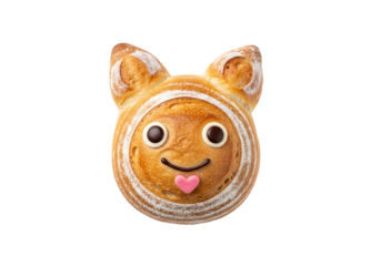 A decorative bread creation, shaped like a friendly cartoon cat, with intricate detailing and sweet toppings, positioned against a striking black backdrop.