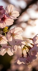 Delicate pink cherry blossoms in sunlight