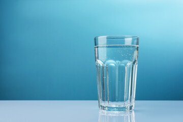 Refreshing soda water in glass on white mirror table against light blue gradient background, closeup. Space for text