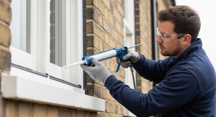 Skilled technician applying weatherproof sealant around tripleglazed window joints in a centuryold property ensuring longlasting airtight retrofit.
