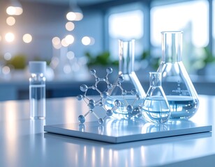 Modern lab scene with glassware and molecules