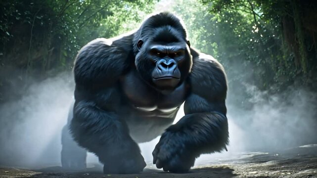 Awe-Inspiring Silverback Gorilla Commands the Jungle Path with a Powerful and Dominant Presence, its Untamed Spirit and Raw Strength Evident in the Dramatic Forest Lighting
