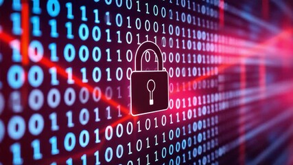Cyber security binary code animation with glowing red lock digital data encryption video in futuristic 4k motion background - Powered by Adobe