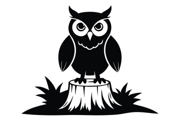 Graphic Black Owl Sitting on Tree Stump Vector Illustration for Design Projects