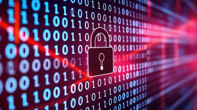 Cyber security binary code animation with glowing red lock digital data encryption video in futuristic 4k motion background - Powered by Adobe