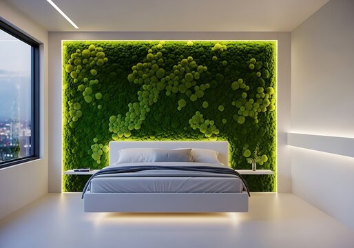 Modern bedroom sanctuary featuring a vibrant living green wall and soft ambient lighting - Powered by Adobe